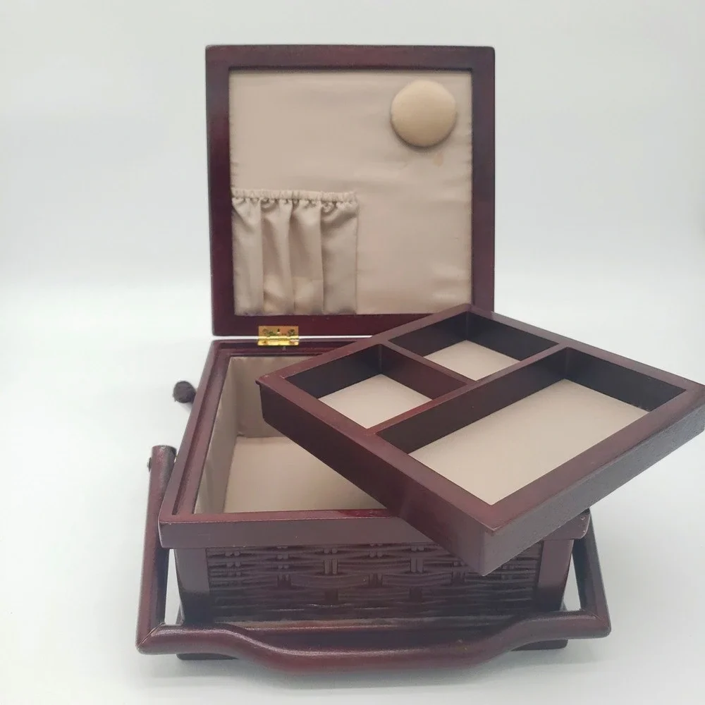 Vintage Wooden Sewing Basket Tapestry Lid Village Scene Jewelry Box Organizer